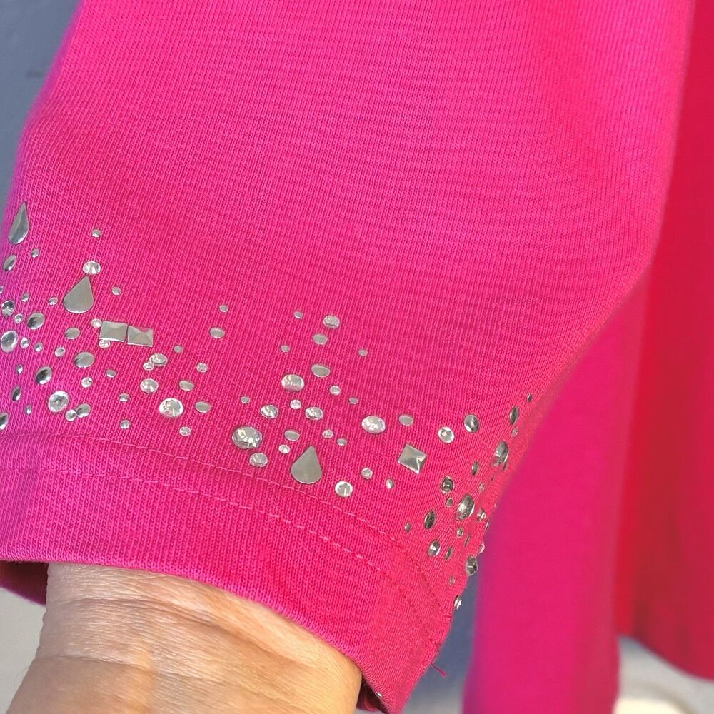 Quacker Factory Pink Knit Cardigan Cascading Rhinestones Women’s L Top Jacket - Picture 3 of 9